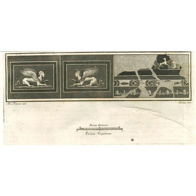 Fresco from "Antiquities of Herculaneum" is an etching on paper realized by Fernando Strina in the 18th Century. Signed on...