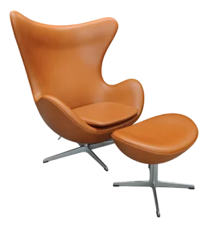 Set of Egg Chair with Ottoman in Cognac Leather from Fritz Hansen
