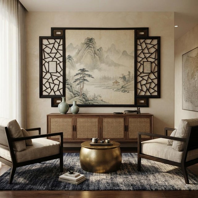 Chinese Two Brown Tone Lattice Pattern Center Open Wall Panel Frame For Sale In San Francisco - Image 6 of 14