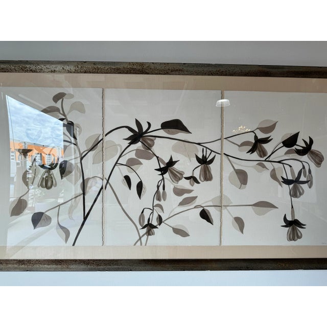 Davison " Triptych Flowers " Watercolor on Paper Painting, Framed For Sale - Image 4 of 12