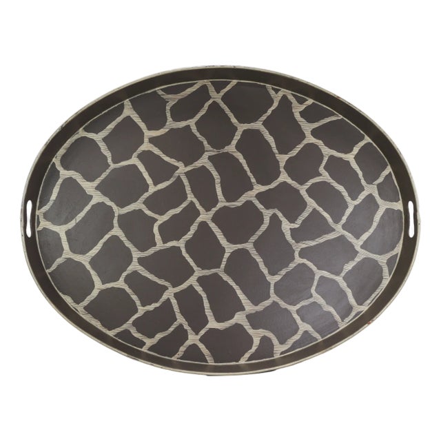 Vintage Large Oval Tole Tray - Hand Painted Brown and Cream Giraffe Animal Print Decorative Tray For Sale