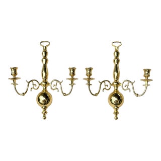 Brass Double Arm Wall Candle Sconces in Williamsburg Style - A Pair For Sale