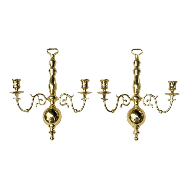 Brass Double Arm Wall Candle Sconces in Williamsburg Style - A Pair For Sale