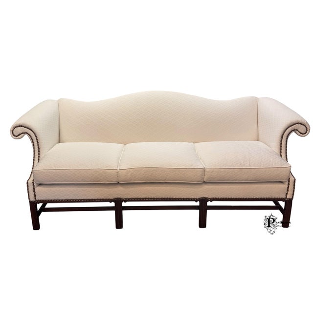 Vintage Chippendale Style Mahogany Frame Camel Back Ivory Geometric Print Upholstered Sofa For Sale - Image 9 of 9