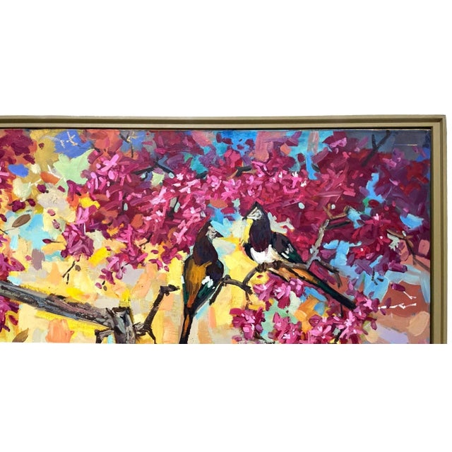 Signed Chinoiserie Painting of Florals and Birds on Canvas For Sale - Image 9 of 12