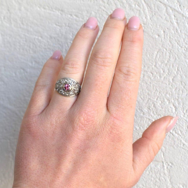 Antique Art Deco Platinum Ring - Pink Tourmaline & Diamonds - Circa 1920, Size 5 For Sale - Image 6 of 6