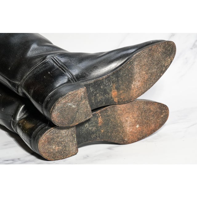 Nice Classic Antique English Black Leather Riding Boots With Wood Trees Home Decor Prop For Sale - Image 9 of 9