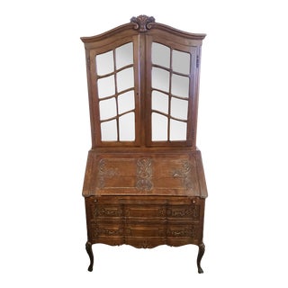19th C French Shell Carved Oak Vitrine Top Secretary Desk For Sale
