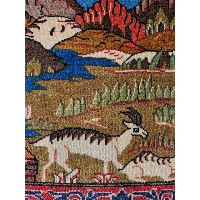 Blue Hand-Knotted Figurative Mountain Landscape with Gazelles Rug, 1980s For Sale - Image 8 of 10