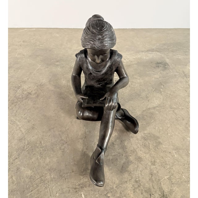 Early 21st Century Seated Bronze Girl Reading Sculpture – 21" H, Child With Book For Sale - Image 5 of 12