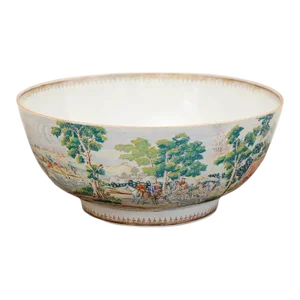 Extremely Rare 18th C. Chinese Export Large Porcelain Hunt Scene Punch Bowl C.1765