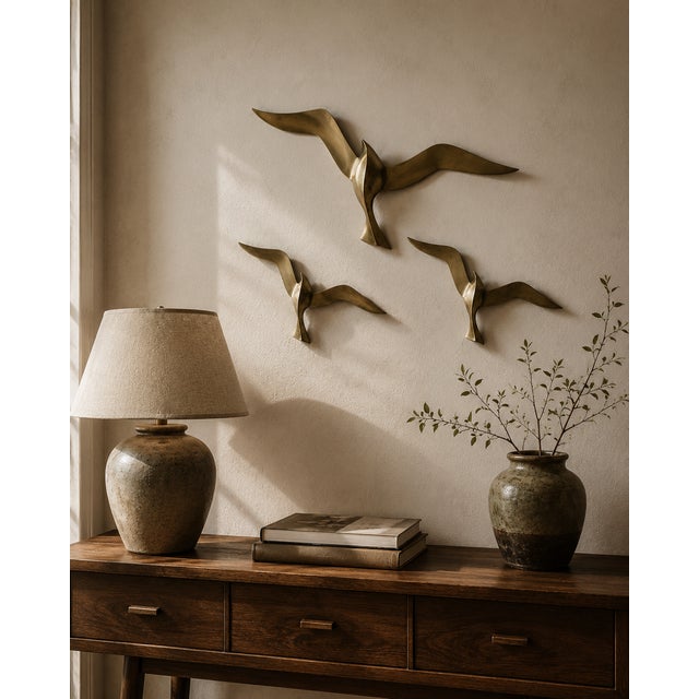 970s Mid-Century Modern Brass Flying Seagulls Wall Sculptures - Set of 3 For Sale - Image 12 of 12