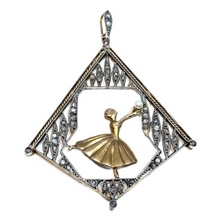 Vintage 14k Yellow Gold Ballerina Pendant With Diamond Accent For Sale