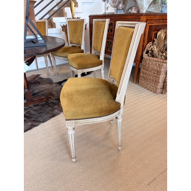 Antique French Louis XVI Style Accent Side Chairs in Olive Green Velvet