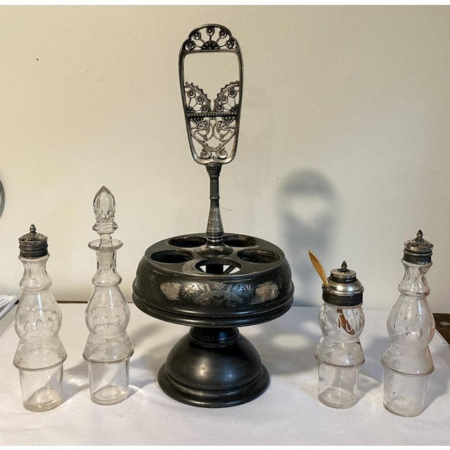 Victorian Antique Victorian Aesthetic Quadruple Plate Condiment Cruet Carousel Set- 5 Pieces For Sale - Image 3 of 7