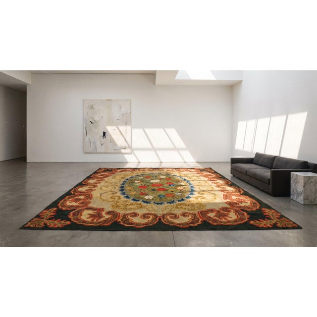 A Gray Background & Brown Border Color With Distinctive Folk Art Style Antique American Hooked Rug For Sale - Image 12 of 13