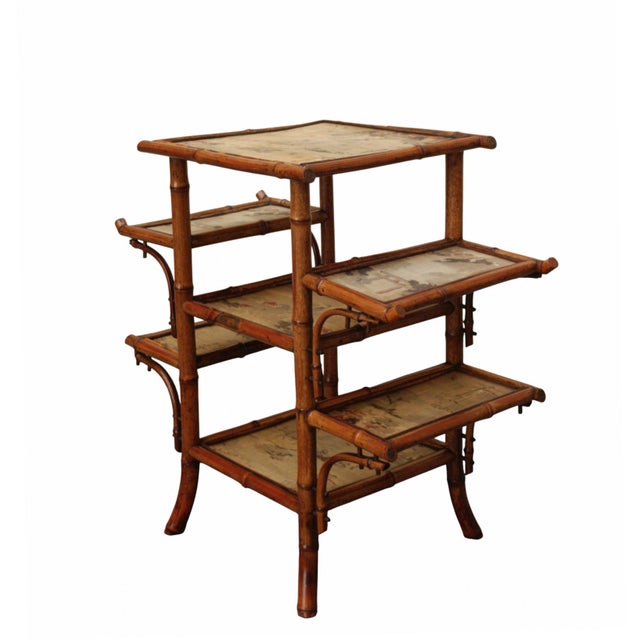 Bamboo Etagere with Silk Shelves Painted with Asian Motifs attributed to Alfred Perret and Ernest Vibert, France, 1900s For Sale - Image 11 of 11