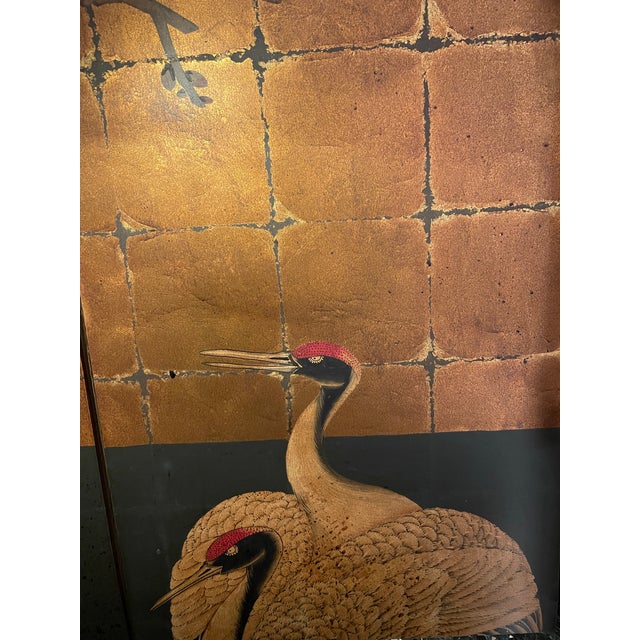 Wood Four Panel Crane Asian Screen For Sale - Image 7 of 7