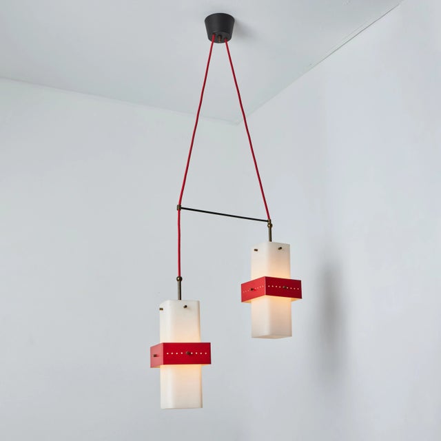 1950s Stilnovo Red Metal & Opaline Glass Suspension Lamp, Unmarked For Sale - Image 9 of 13