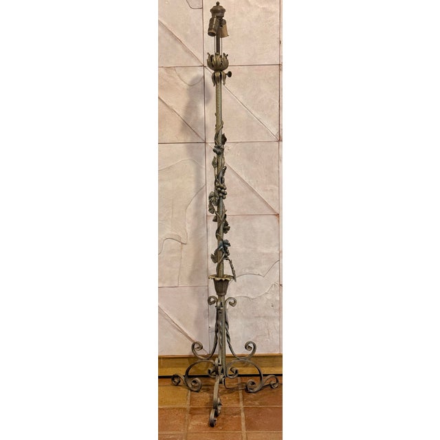 Metal Vintage Sculptural Wrought Iron Two-Light Floor Lamp, Torchère With Grape Vine Entwined Column, Circa 1950s For Sale - Image 7 of 12