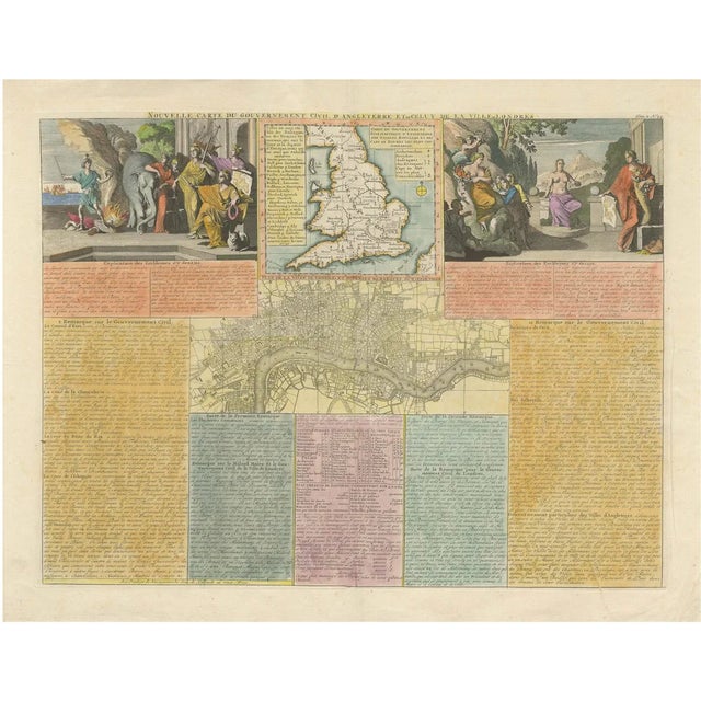 England and London Government Map with Allegorical Vignettes, 1720 For Sale