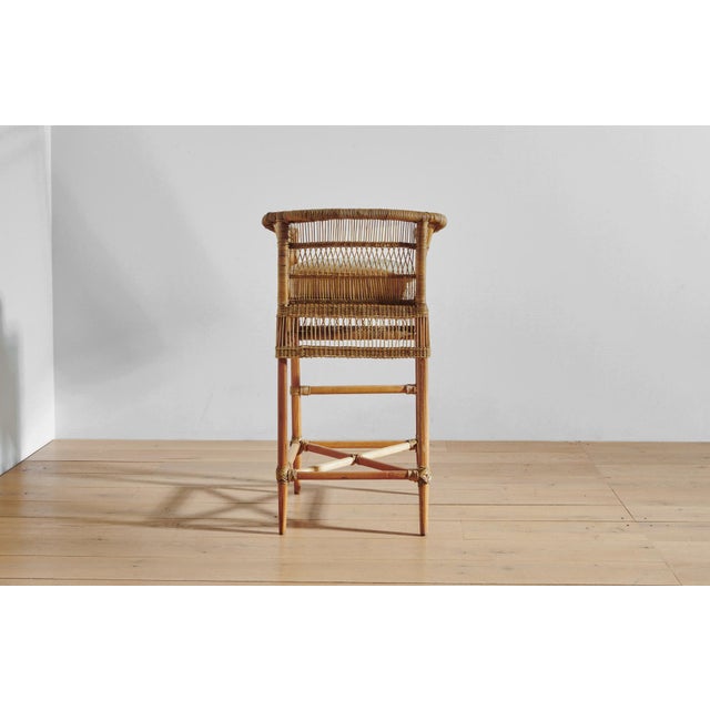 Handwoven Malawi Cane Bar Stool in Traditional Weave With White Linen Cushion For Sale - Image 4 of 7