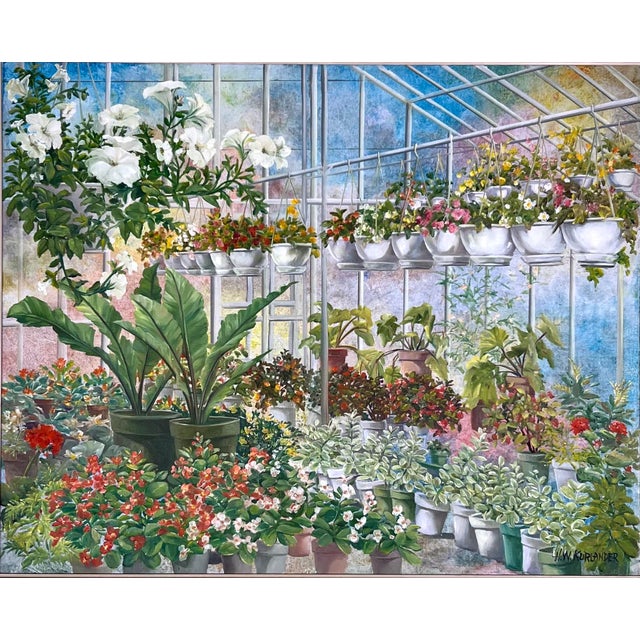 American 1970s Honey W. Kurlander "Greenhouse" Original Oil Painting on Canvas For Sale - Image 3 of 9