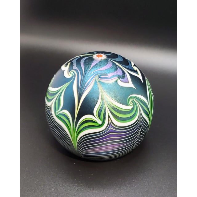 Orient & Flume Signed Flower Shield Art Glass Paperweight 1979 Iridescent Blue For Sale - Image 18 of 18