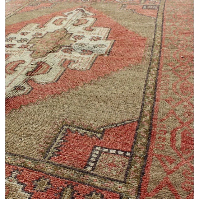 Mid 20th Century Vintage Mid-Century Turkish Oushak Rug With Olive Green and Soft Red 3′7″ × 6′1″ For Sale - Image 5 of 7