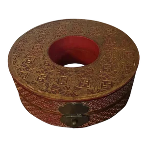 Antique 19th Century Round Chinese Red & Black Lacquer Pigskin Box with Intricate Gilding