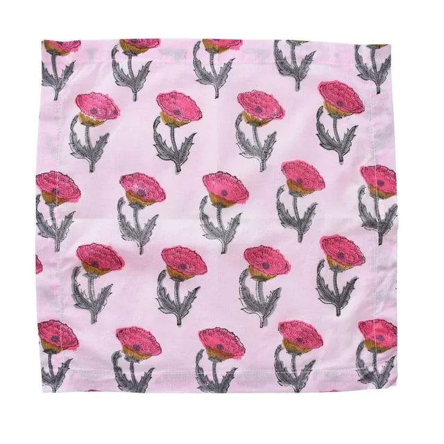 4 Pink and Green Floral Block Print Table Napkins - India Set of Four For Sale - Image 4 of 7