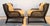A handsome pair of vintage Henredon low-profile wingback lounge chairs featuring dark-finished oak wood frames, gracefully...
