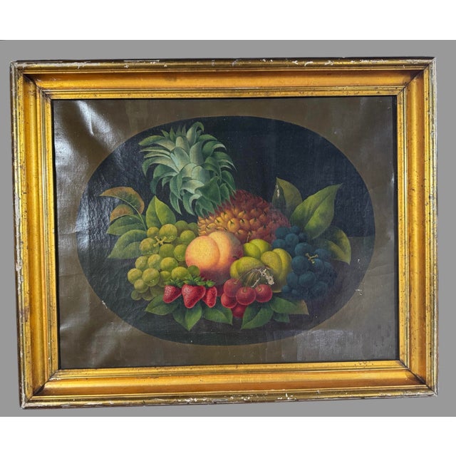 Primitive Antique Country Gilt Framed Still Life Oil Painting Canvas W Berries For Sale - Image 6 of 10