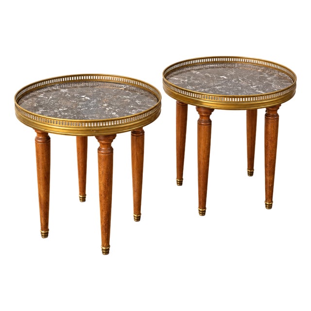 Vintage French Louis XVI–Style Marble-Top Side Tables With Pierced Brass Galleries — A Pair For Sale