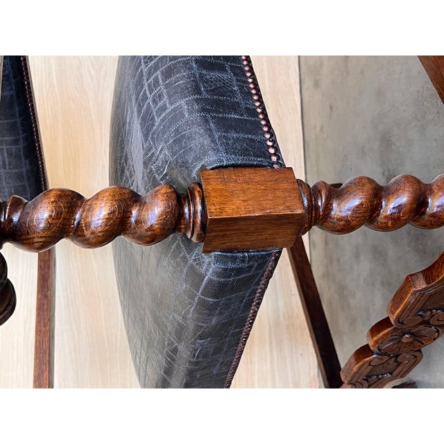 19th Spanish Carved Walnut Armchair with New Black Leather and Solomonic Columns For Sale - Image 12 of 18