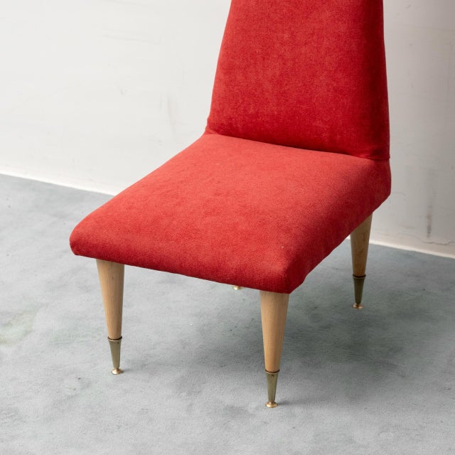 High-Back Chair in Red Fabric with Wooden and Brass Feet, 1960s For Sale - Image 9 of 10