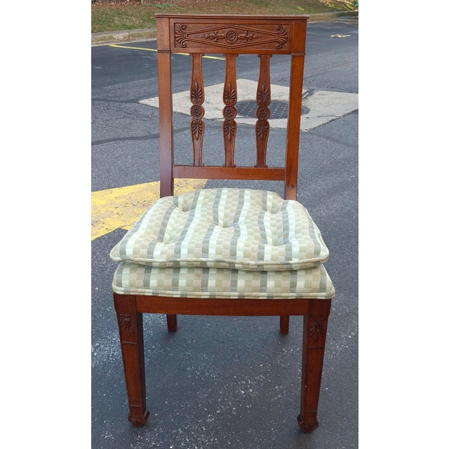 Late 20th Century Pair French Empire Mahogany With Green Beige Tufted Seat Upholstered Side Chairs For Sale - Image 10 of 14