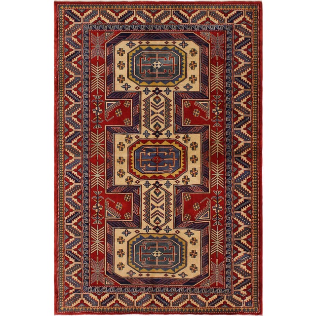 1980s Semi Vintage Sherwan Red/Blue Wool Rug -4'7" X 6'2" For Sale