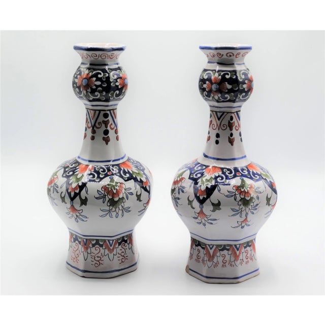 Late 19th Century Antique Dutch Delft Polychrome Knobble Vases, a Pair For Sale - Image 5 of 8