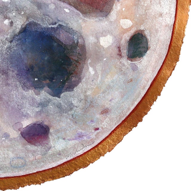 Realism The Mother Moon - Original 16 Inch Round Celestial Mixed Media Painting on Handmade Paper With Gold Edge by Michaela Jean For Sale - Image 3 of 7