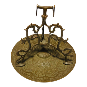 Late 19th Century Bronze Desk Pen Holder With Islamic Moroccan Designs on Base Delicate Tripod Figured Vertical Pen Holder