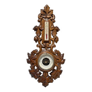 Black Forest Style Carved Aneroid Barometer and Thermometer, C. 1890 For Sale