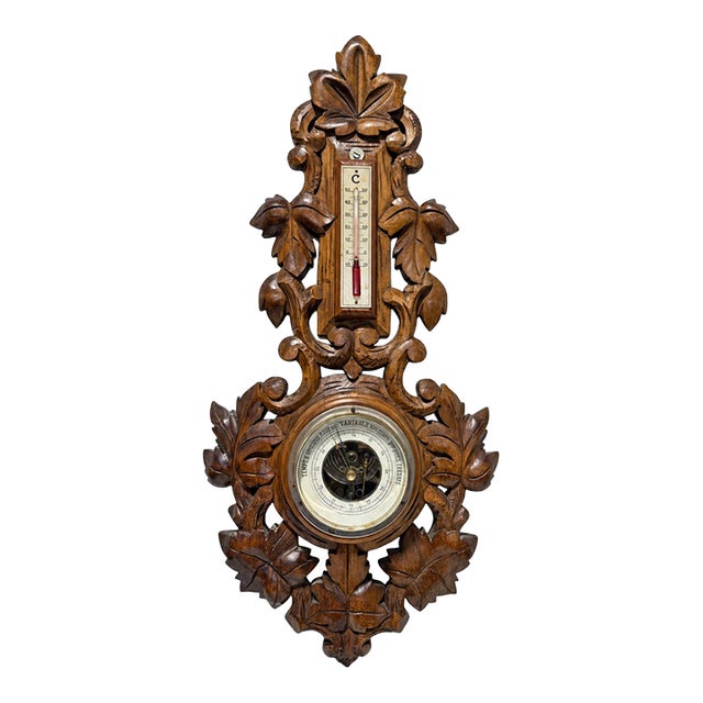 Black Forest Style Carved Aneroid Barometer and Thermometer, C. 1890 For Sale