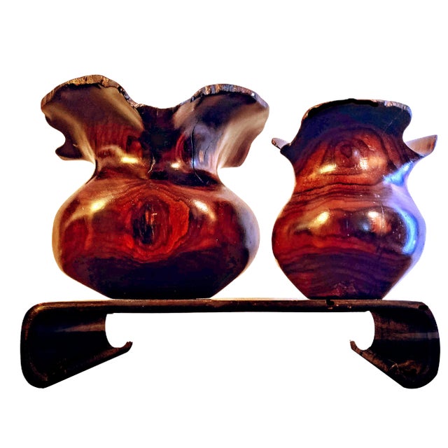 1950s Vintage Arturo Solano Turned Wood Live Edge Rimmed Artisanal Bowls on Wood Stand- 3 Pieces For Sale