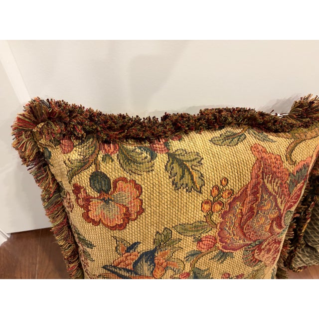 Vintage Aubusson Style Floral Tapestry Throw Pillows With Fringe Trim - Pair For Sale - Image 4 of 11