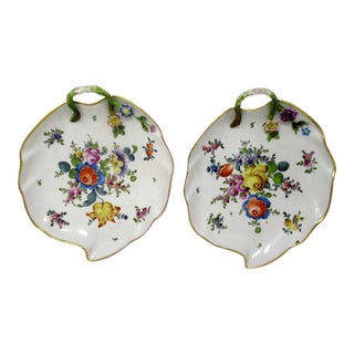 Antique Pair German Dresden Meissen Still Life Flowers Cabinet Leaf Form Plates For Sale