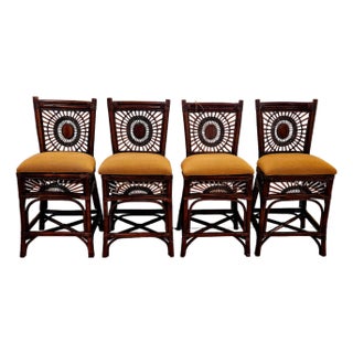 Bamboo Rattan & Upholstered Vintage Counter Stools With Backs -Set of 4 For Sale