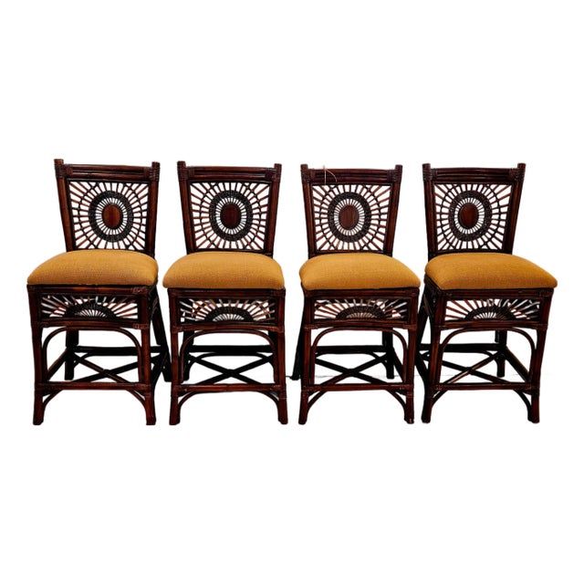 Bamboo Rattan & Upholstered Vintage Counter Stools With Backs -Set of 4 For Sale