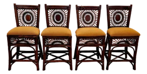 Bamboo Rattan & Upholstered Vintage Counter Stools With Backs -Set of 4