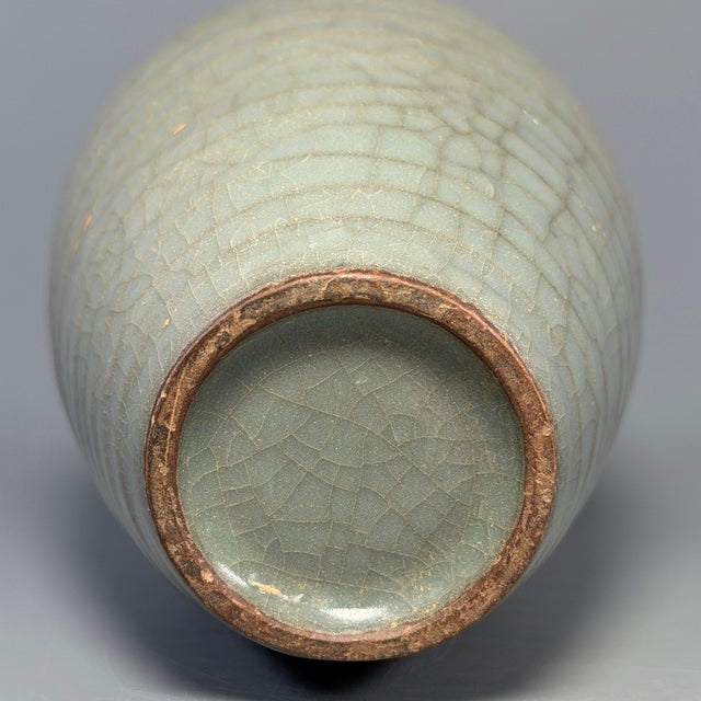 Antique Chinese Celadon Crackle‑Glaze Ribbed Meiping Vase, Collectible Antique For Sale - Image 9 of 9